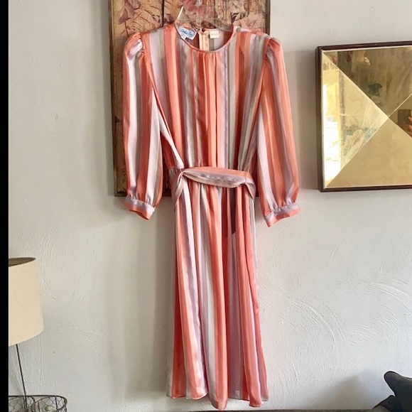 60s 70s VINTAGE LESLIE FAY SILKY LS STRIPE BELTED PRARIE BOHO MIDI DRESS 6 VTG - Picture 1 of 16